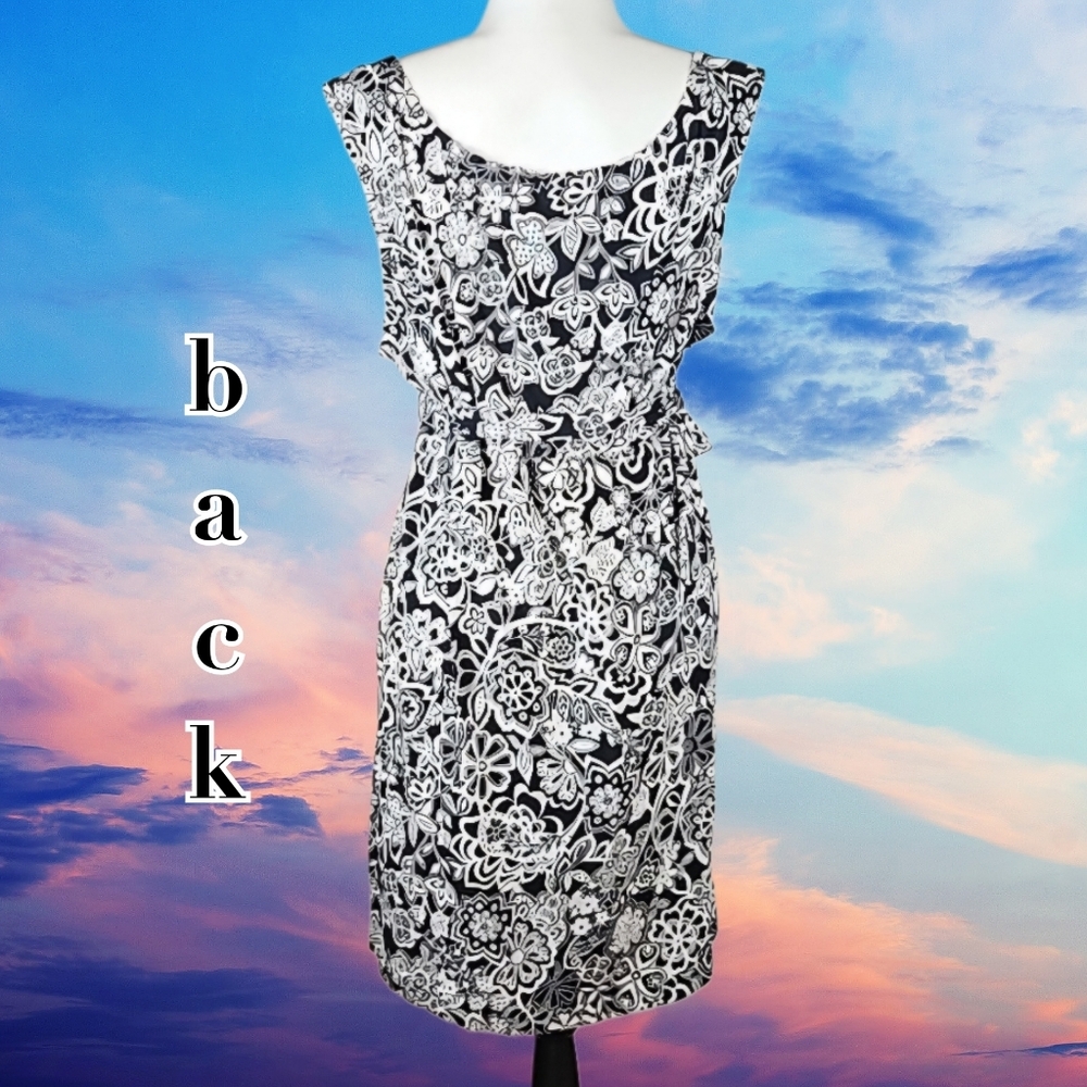 Black White Floral Dress Matching Belt Ann Taylor LOFT, M - Picture 3 of 6